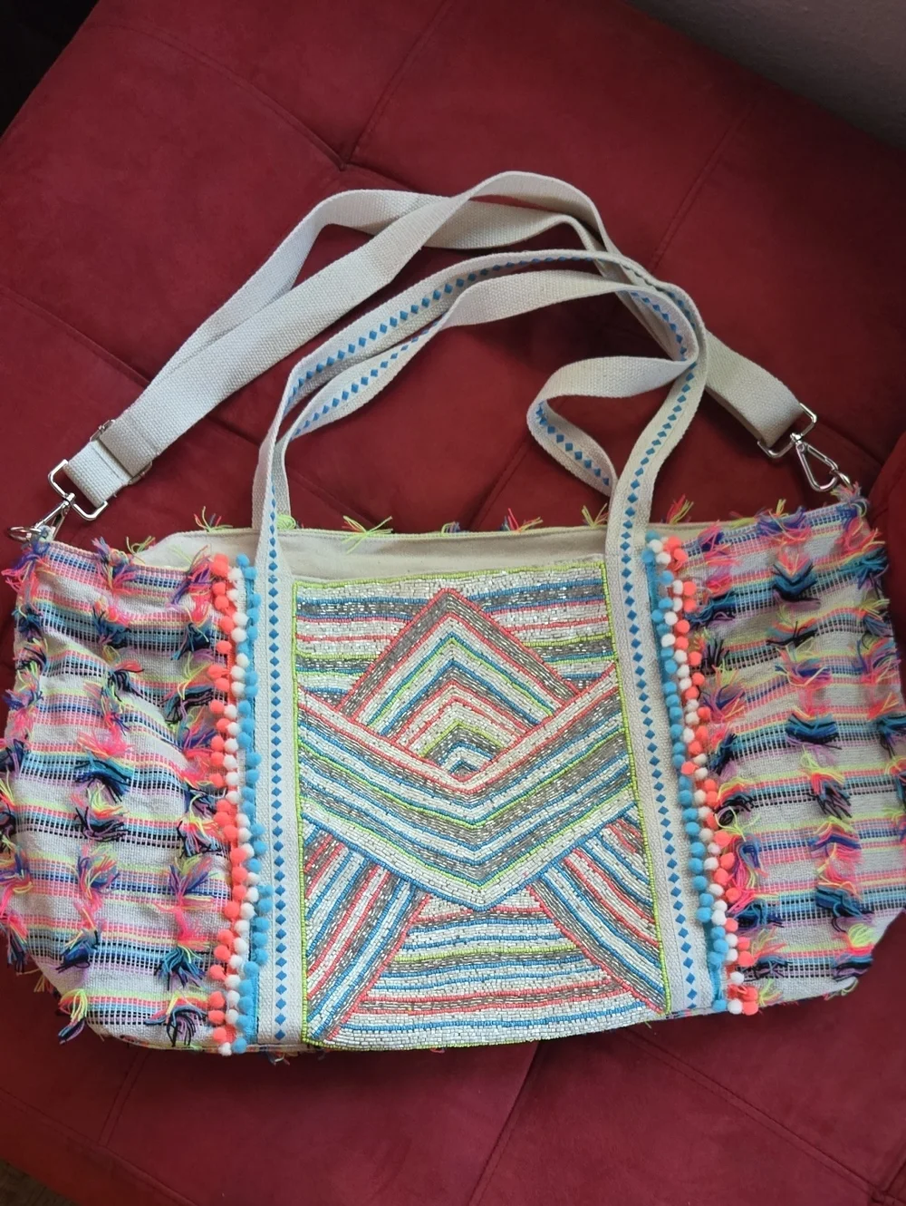 Multicolor Beaded Chevron Tote with Pom-Pom Trim